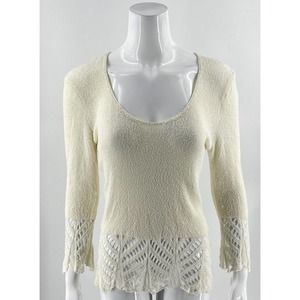 Cache Sweater Size Small Ivory Lace Detail Slinky Knit Stretch 3/4 Sleeve Womens